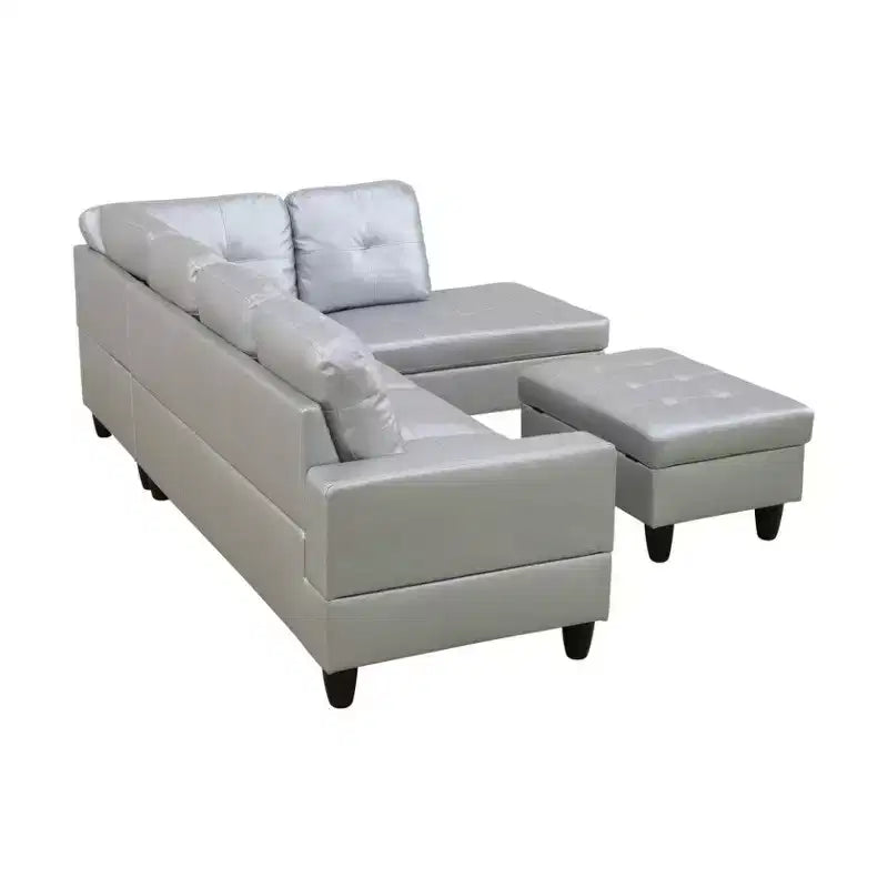 Light Grey Semi-PU Leather Sectional Sofa - Modern L-Shaped Design, Tufted Cushions, Decorative Pillows, Storage Ottoman