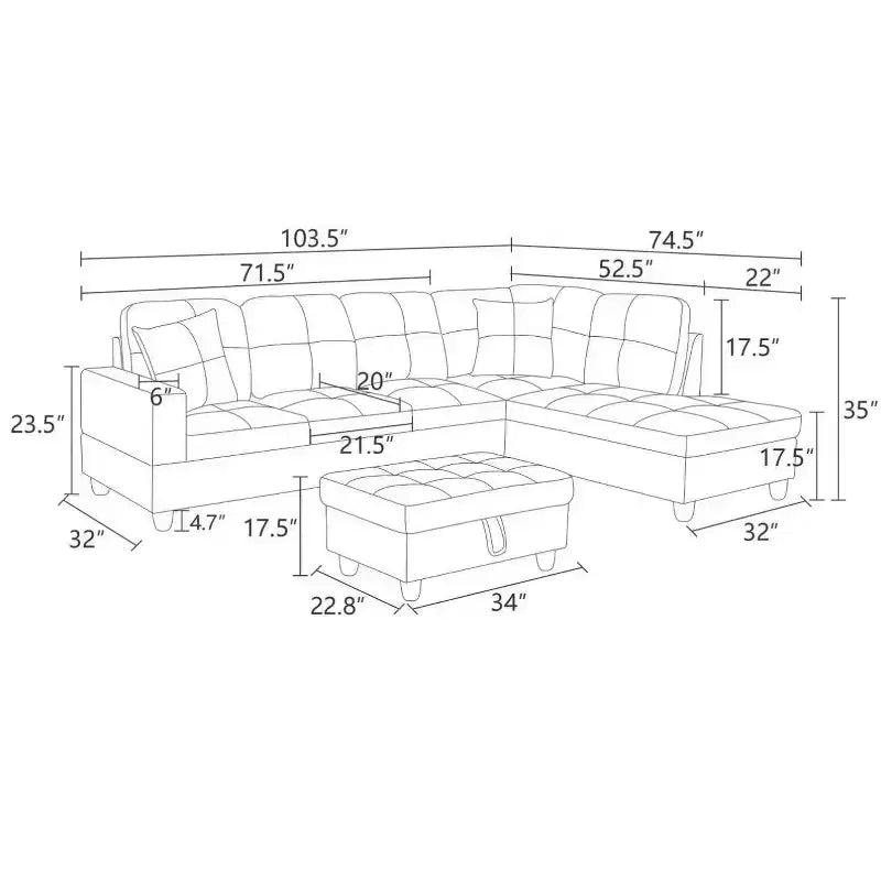 Light Grey Semi-PU Leather Sectional Sofa - Modern L-Shaped Design, Tufted Cushions, Decorative Pillows, Storage Ottoman