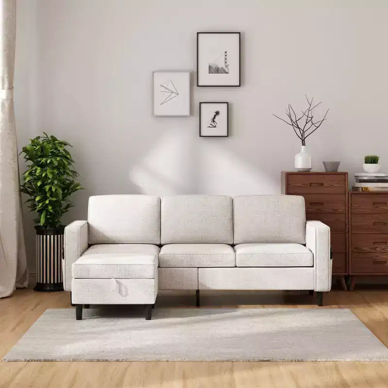 Mjkone Convertible Sectional Sofa Couch, Linen Fabric 3-Seat L-Shaped Sofa with Storage Ottoman
