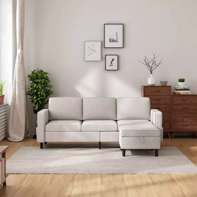 Mjkone Convertible Sectional Sofa Couch, Linen Fabric 3-Seat L-Shaped Sofa with Storage Ottoman