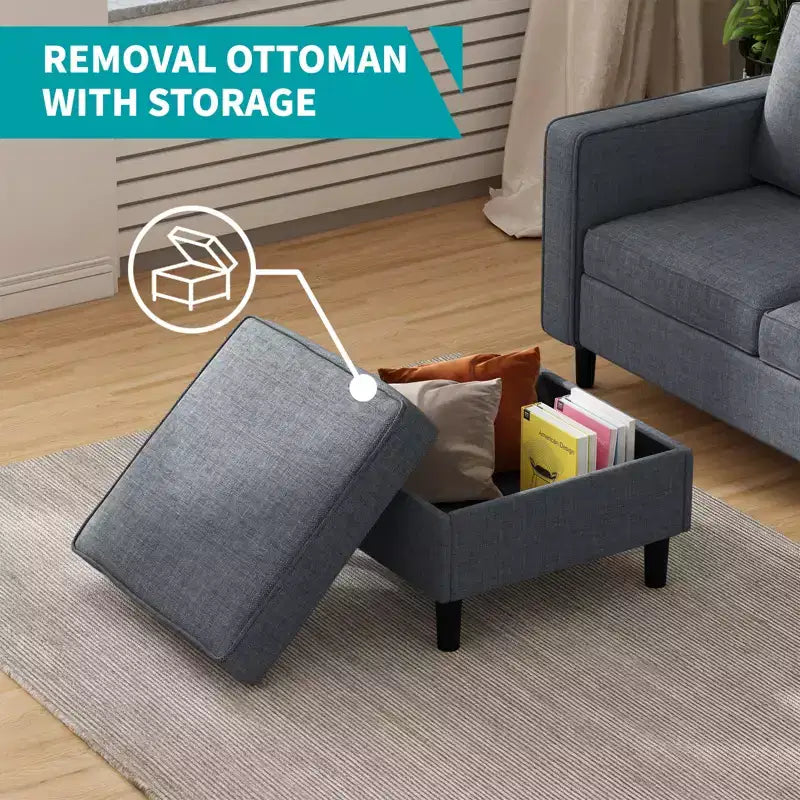 Mjkone Convertible Sectional Sofa Couch, Linen Fabric 3-Seat L-Shaped Sofa with Storage Ottoman