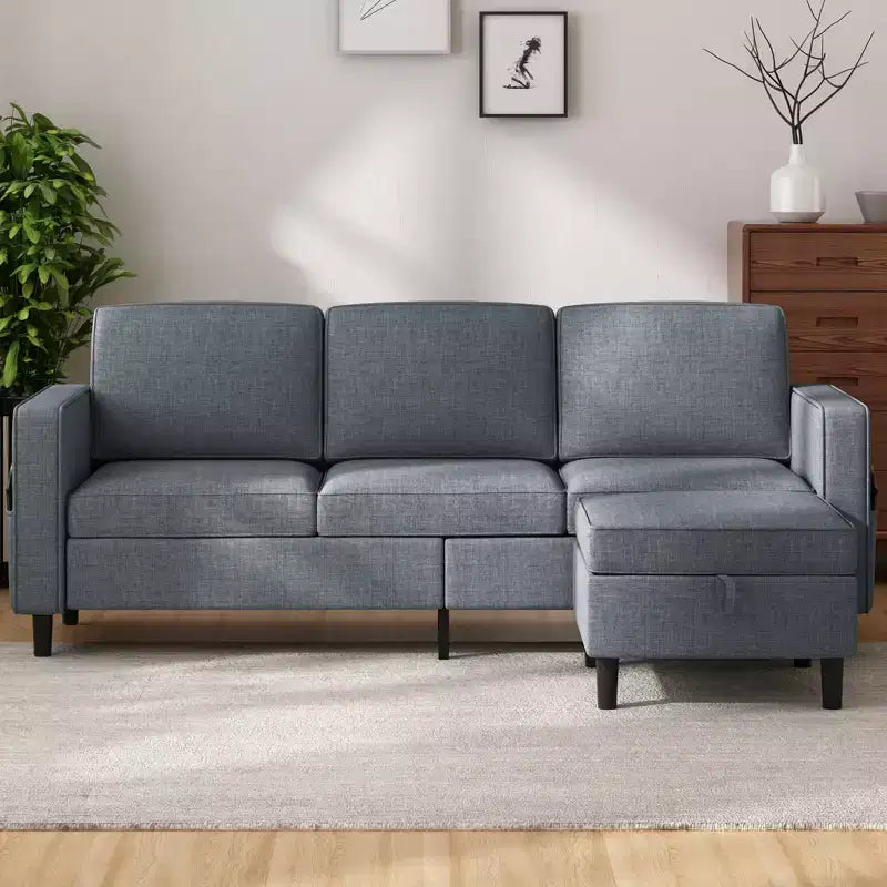 Mjkone Convertible Sectional Sofa Couch, Linen Fabric 3-Seat L-Shaped Sofa with Storage Ottoman