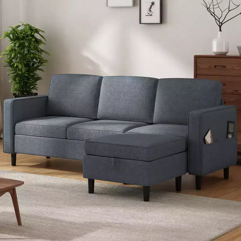Mjkone Convertible Sectional Sofa Couch, Linen Fabric 3-Seat L-Shaped Sofa with Storage Ottoman