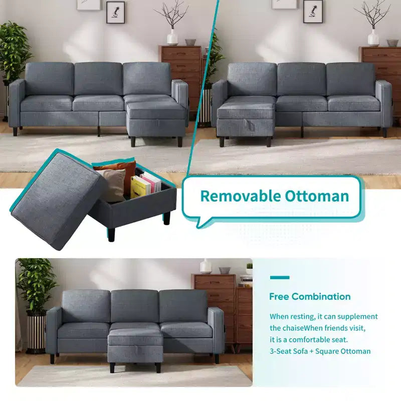Mjkone Convertible Sectional Sofa Couch, Linen Fabric 3-Seat L-Shaped Sofa with Storage Ottoman