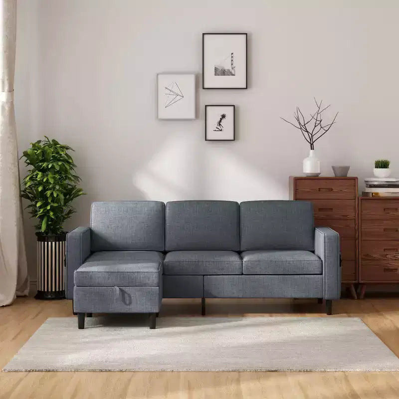 Mjkone Convertible Sectional Sofa Couch, Linen Fabric 3-Seat L-Shaped Sofa with Storage Ottoman