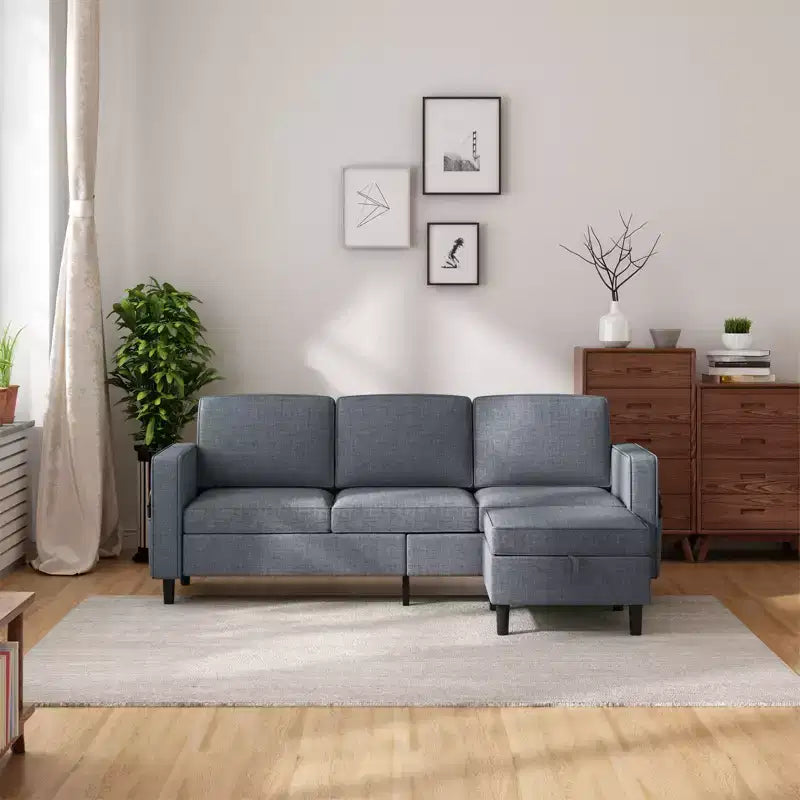 Mjkone Convertible Sectional Sofa Couch, Linen Fabric 3-Seat L-Shaped Sofa with Storage Ottoman