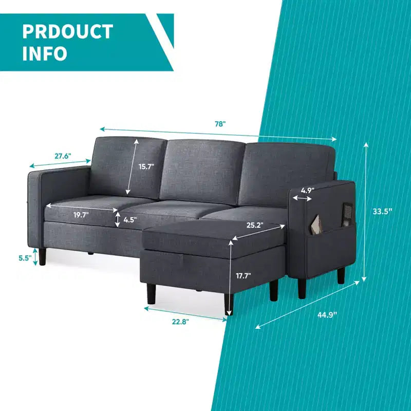 Mjkone Convertible Sectional Sofa Couch, Linen Fabric 3-Seat L-Shaped Sofa with Storage Ottoman