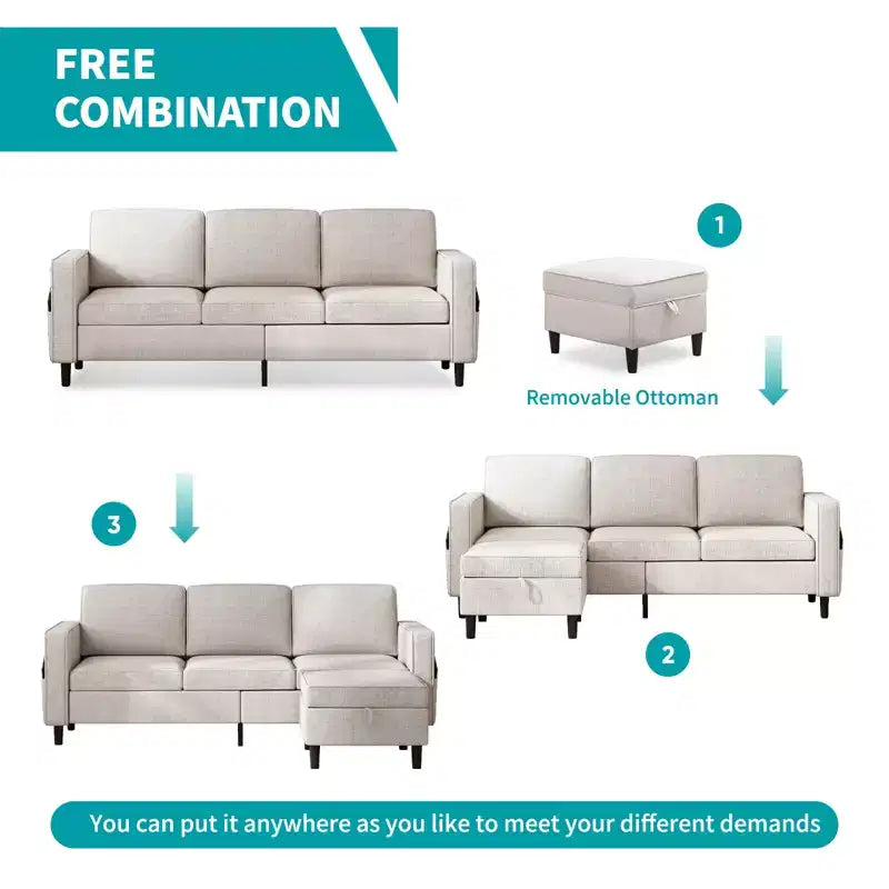 Mjkone Convertible Sectional Sofa Couch, Linen Fabric 3-Seat L-Shaped Sofa with Storage Ottoman