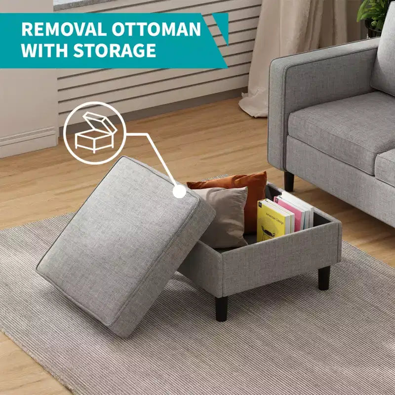 Mjkone Convertible Sectional Sofa Couch, Linen Fabric 3-Seat L-Shaped Sofa with Storage Ottoman