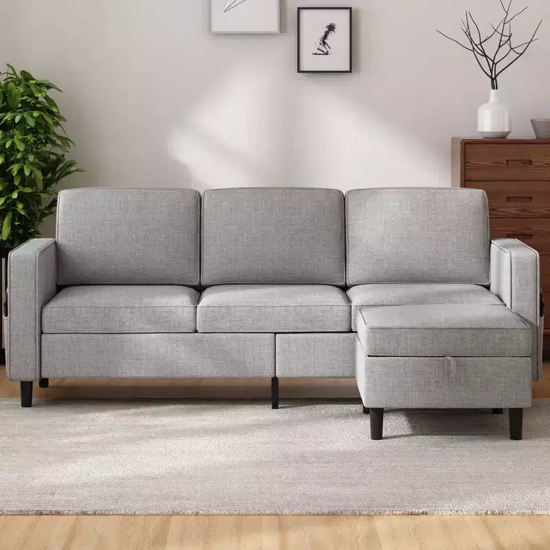 Mjkone Convertible Sectional Sofa Couch, Linen Fabric 3-Seat L-Shaped Sofa with Storage Ottoman