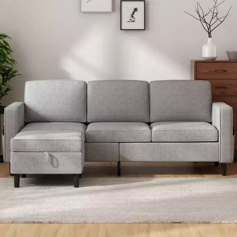 Mjkone Convertible Sectional Sofa Couch, Linen Fabric 3-Seat L-Shaped Sofa with Storage Ottoman