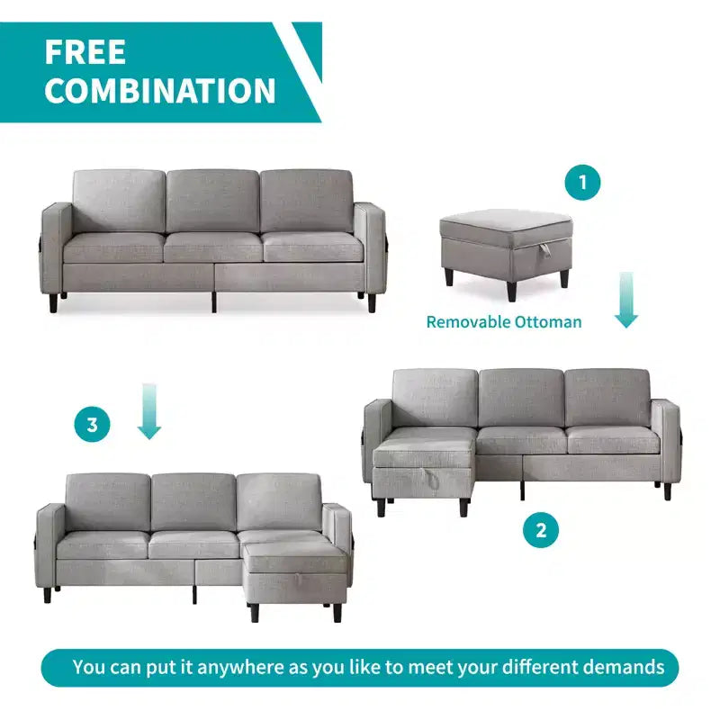 Mjkone Convertible Sectional Sofa Couch, Linen Fabric 3-Seat L-Shaped Sofa with Storage Ottoman