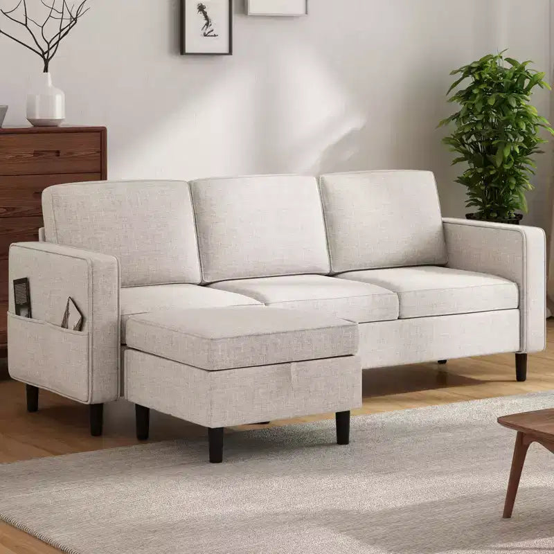 Mjkone Convertible Sectional Sofa Couch, Linen Fabric 3-Seat L-Shaped Sofa with Storage Ottoman