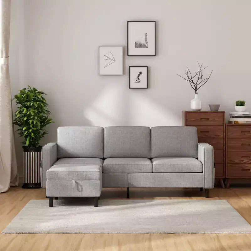 Mjkone Convertible Sectional Sofa Couch, Linen Fabric 3-Seat L-Shaped Sofa with Storage Ottoman