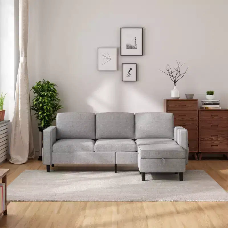 Mjkone Convertible Sectional Sofa Couch, Linen Fabric 3-Seat L-Shaped Sofa with Storage Ottoman
