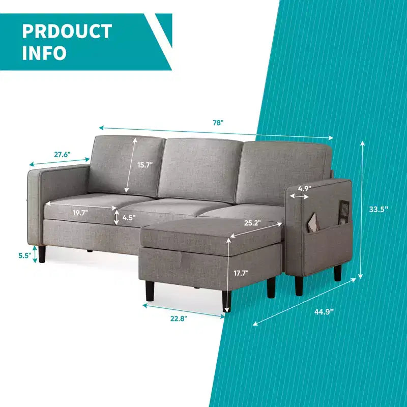 Mjkone Convertible Sectional Sofa Couch, Linen Fabric 3-Seat L-Shaped Sofa with Storage Ottoman