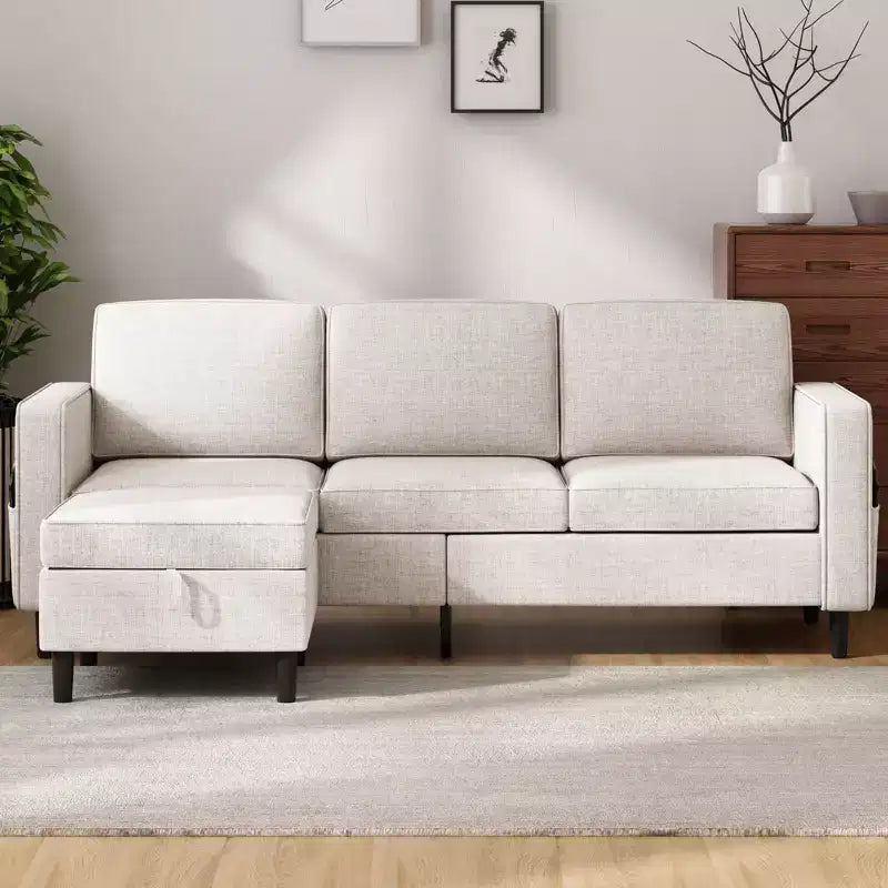 Mjkone Convertible Sectional Sofa Couch, Linen Fabric 3-Seat L-Shaped Sofa with Storage Ottoman