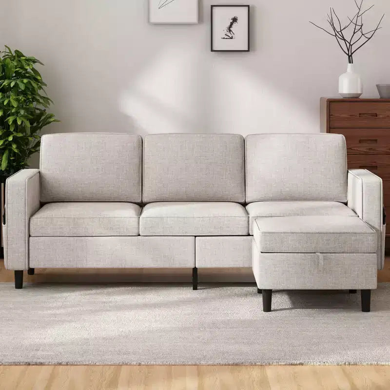 Mjkone Convertible Sectional Sofa Couch, Linen Fabric 3-Seat L-Shaped Sofa with Storage Ottoman