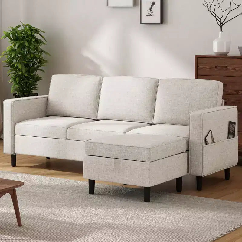 Mjkone Convertible Sectional Sofa Couch, Linen Fabric 3-Seat L-Shaped Sofa with Storage Ottoman
