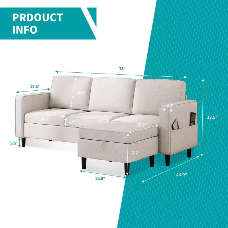 Mjkone Convertible Sectional Sofa Couch, Linen Fabric 3-Seat L-Shaped Sofa with Storage Ottoman