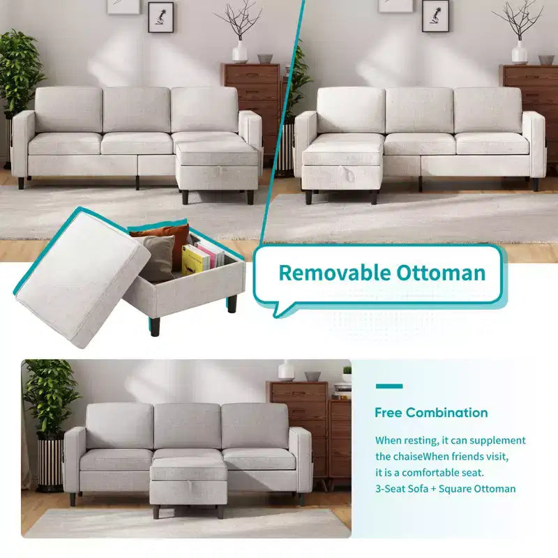 Mjkone Convertible Sectional Sofa Couch, Linen Fabric 3-Seat L-Shaped Sofa with Storage Ottoman