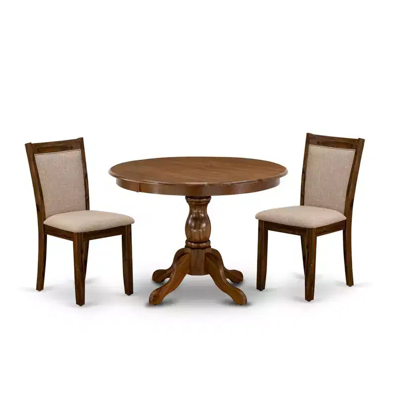HomeStock Round Dining Table Set Antique Walnut Linen Chairs
