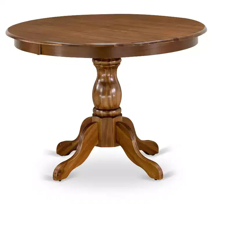 HomeStock Round Dining Table Set Antique Walnut Linen Chairs