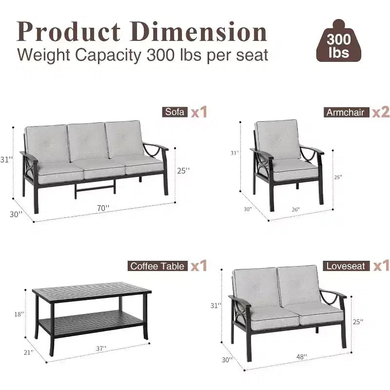 Heynemo Outdoor Patio Furniture Set, 5 Piece Patio Conversation Set with Coffee Table, Metal Furniture Set for Porch Backyard Garden