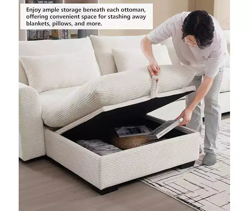 Christopher Knight Home Nelly Large L-Shaped Corduroy 157.5 Sectional Sofa with Storage Ottoman and 4 Waist Pillows