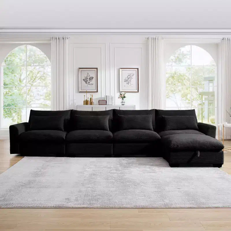Christopher Knight Home Nelly Large L-Shaped Corduroy 157.5 Sectional Sofa with Storage Ottoman and 4 Waist Pillows