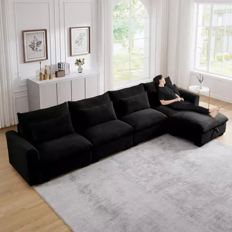 Christopher Knight Home Nelly Large L-Shaped Corduroy 157.5 Sectional Sofa with Storage Ottoman and 4 Waist Pillows