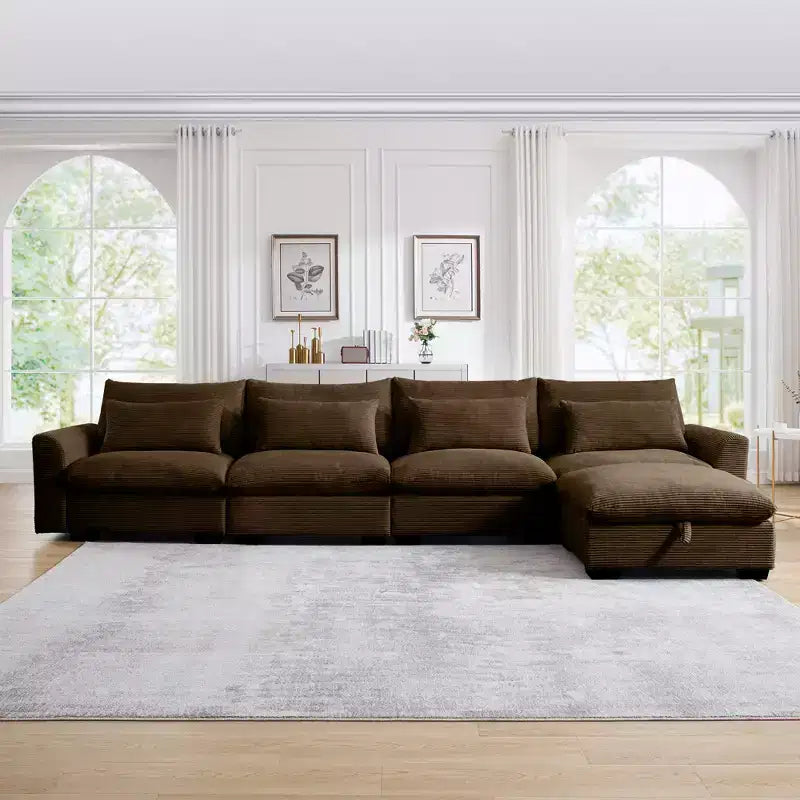 Christopher Knight Home Nelly Large L-Shaped Corduroy 157.5 Sectional Sofa with Storage Ottoman and 4 Waist Pillows