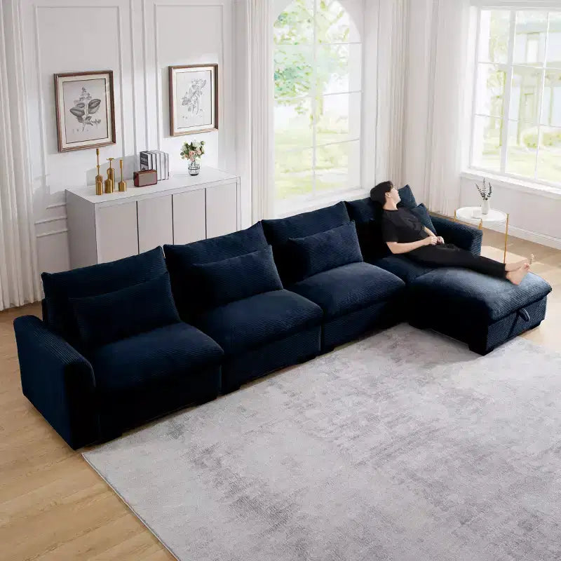 Christopher Knight Home Nelly Large L-Shaped Corduroy 157.5 Sectional Sofa with Storage Ottoman and 4 Waist Pillows