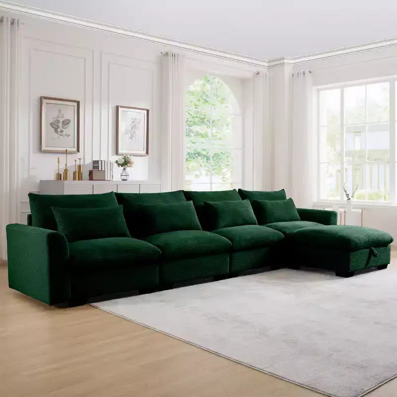 Christopher Knight Home Nelly Large L-Shaped Corduroy 157.5 Sectional Sofa with Storage Ottoman and 4 Waist Pillows