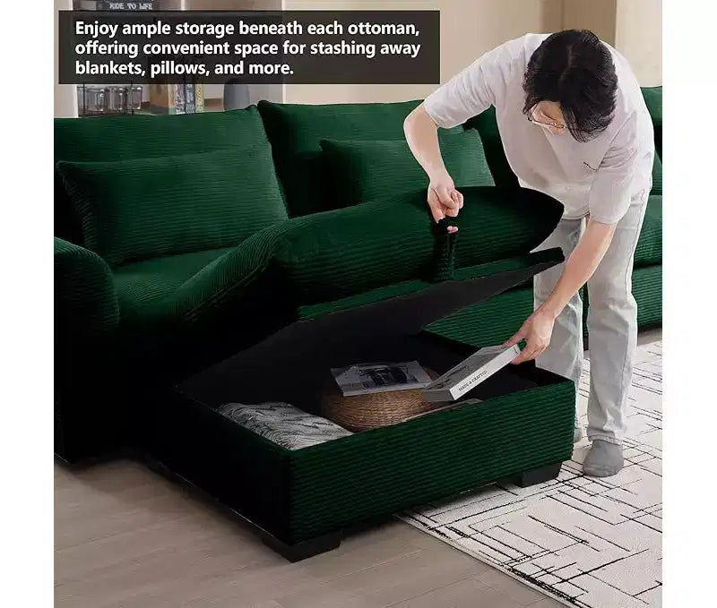 Christopher Knight Home Nelly Large L-Shaped Corduroy 157.5 Sectional Sofa with Storage Ottoman and 4 Waist Pillows