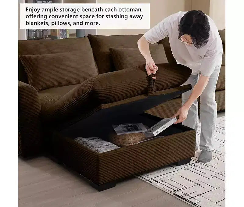 Christopher Knight Home Nelly Large L-Shaped Corduroy 157.5 Sectional Sofa with Storage Ottoman and 4 Waist Pillows