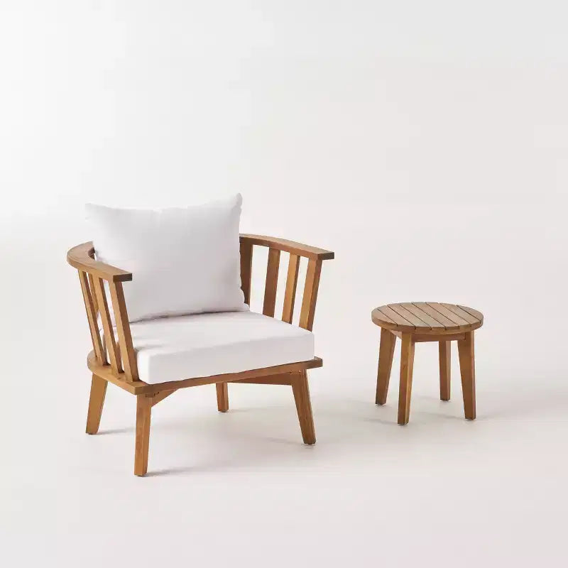 GDFStudio Lorie Outdoor Acacia Wood Club Chair and Side Table Set with Cushions, Teak/White
