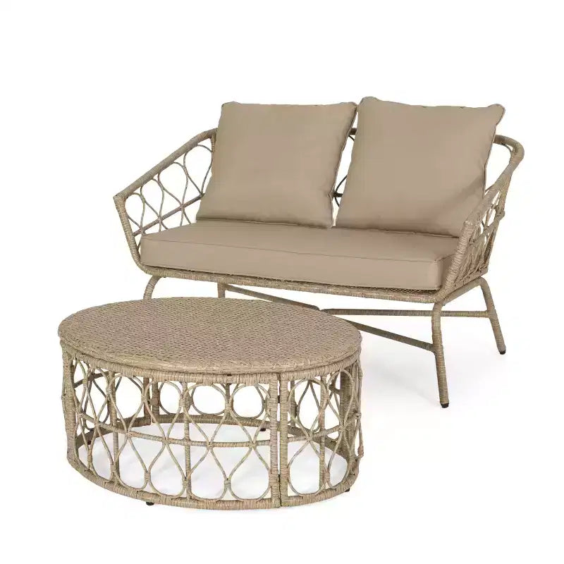 GDFStudio Colmar Outdoor Wicker Loveseat and Coffee Table Set with Cushions, Light Brown/Beige
