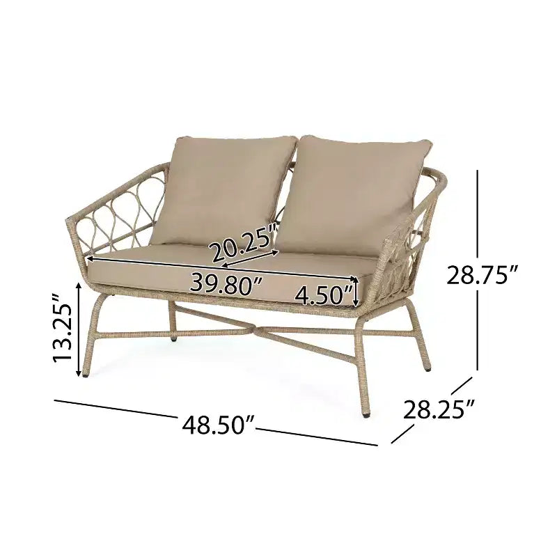 GDFStudio Colmar Outdoor Wicker Loveseat and Coffee Table Set with Cushions, Light Brown/Beige