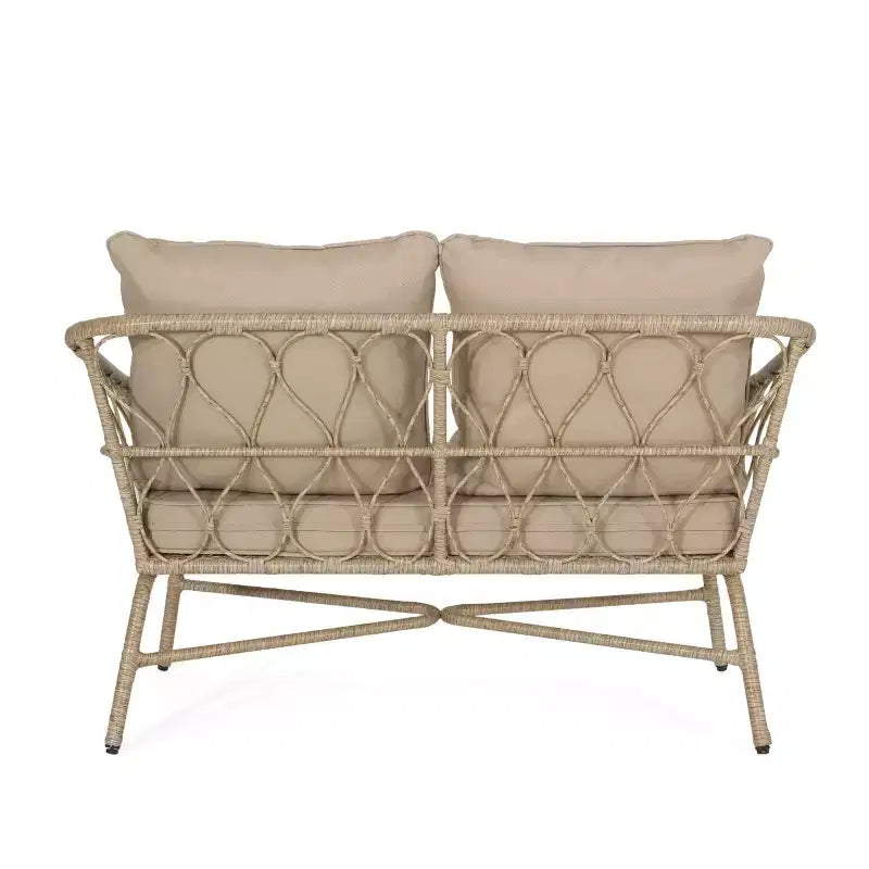 GDFStudio Colmar Outdoor Wicker Loveseat and Coffee Table Set with Cushions, Light Brown/Beige