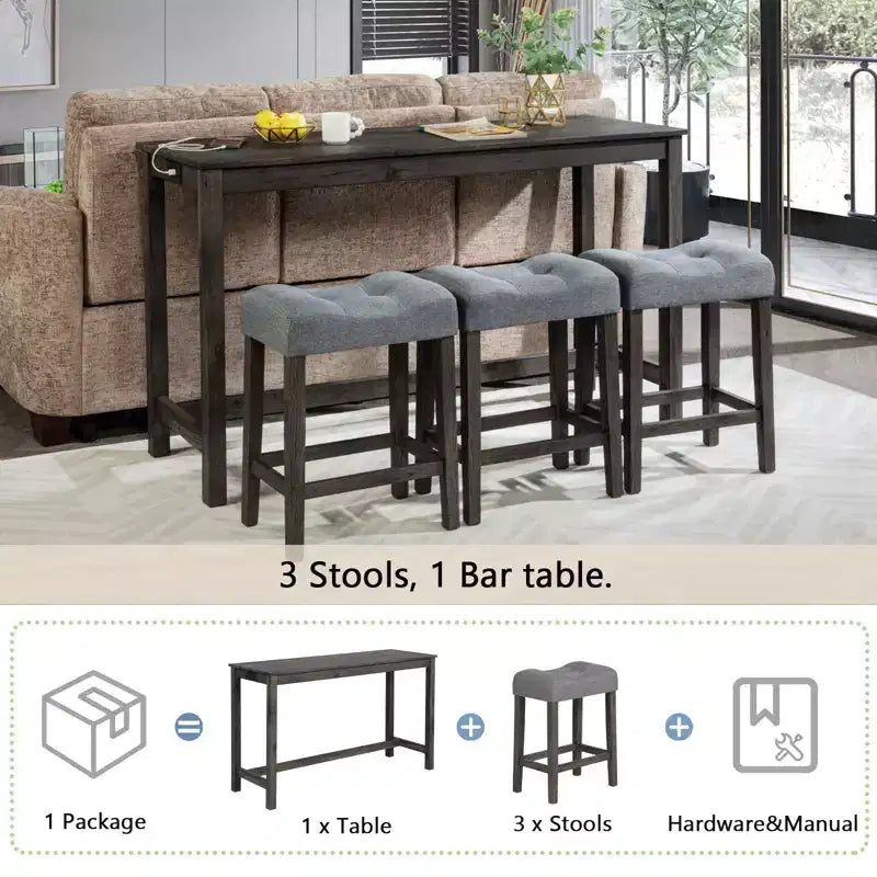 4-Piece Dinner Table Set , Dining Bar Table and Chairs Set,Bar Table Set with 3 Padded Stools,Brown