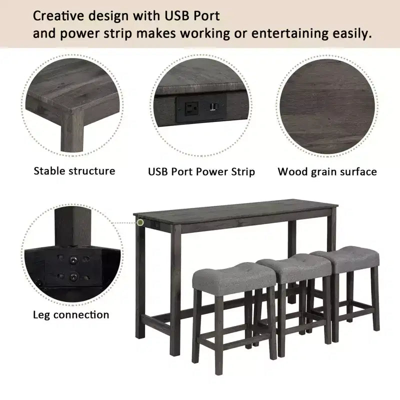 4-Piece Dinner Table Set , Dining Bar Table and Chairs Set,Bar Table Set with 3 Padded Stools,Brown