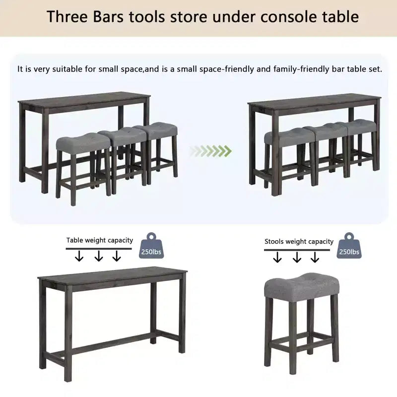 4-Piece Dinner Table Set , Dining Bar Table and Chairs Set,Bar Table Set with 3 Padded Stools,Brown