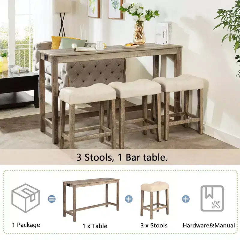 4-Piece Dinner Table Set , Dining Bar Table and Chairs Set,Bar Table Set with 3 Padded Stools,Brown