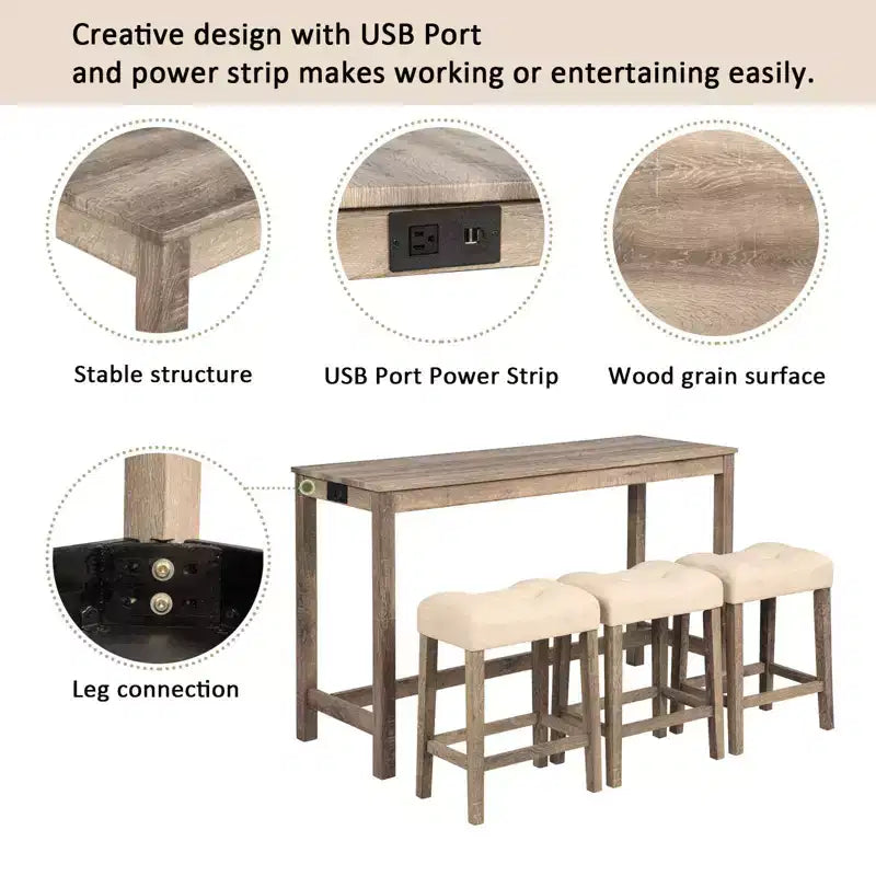 4-Piece Dinner Table Set , Dining Bar Table and Chairs Set,Bar Table Set with 3 Padded Stools,Brown