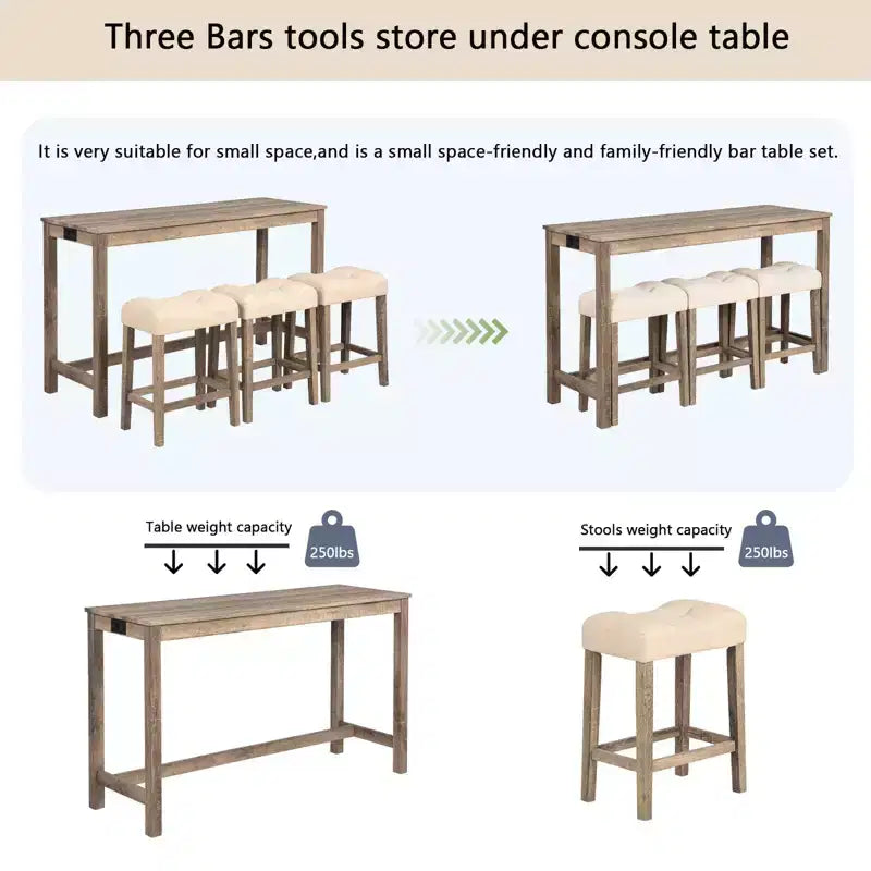 4-Piece Dinner Table Set , Dining Bar Table and Chairs Set,Bar Table Set with 3 Padded Stools,Brown