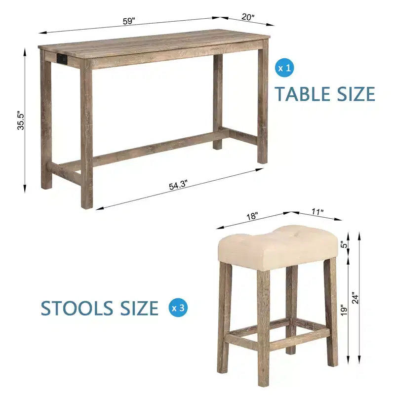 4-Piece Dinner Table Set , Dining Bar Table and Chairs Set,Bar Table Set with 3 Padded Stools,Brown