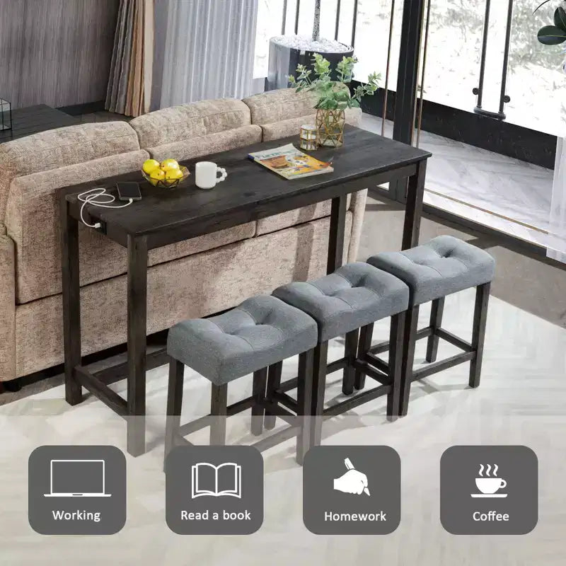 4-Piece Dinner Table Set , Dining Bar Table and Chairs Set,Bar Table Set with 3 Padded Stools,Brown