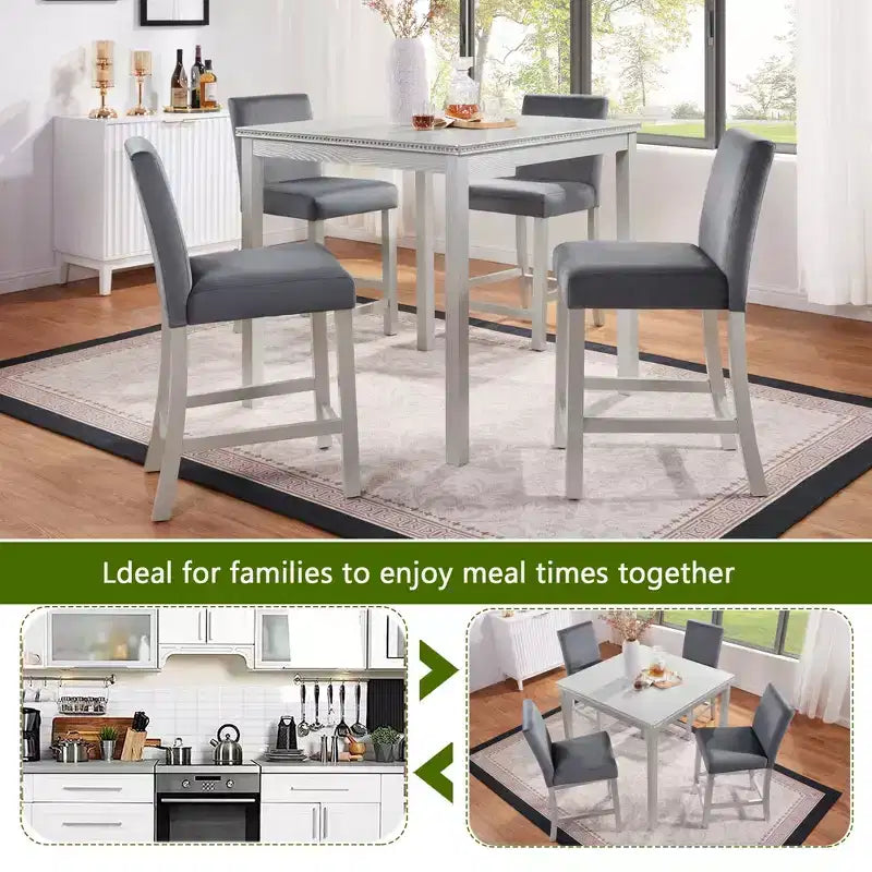 5 Piece Counter Height Table Set with Square Table and 4 Upholstered Chairs, Counter Height Dining Table with Crystal Decoration and Chair Set