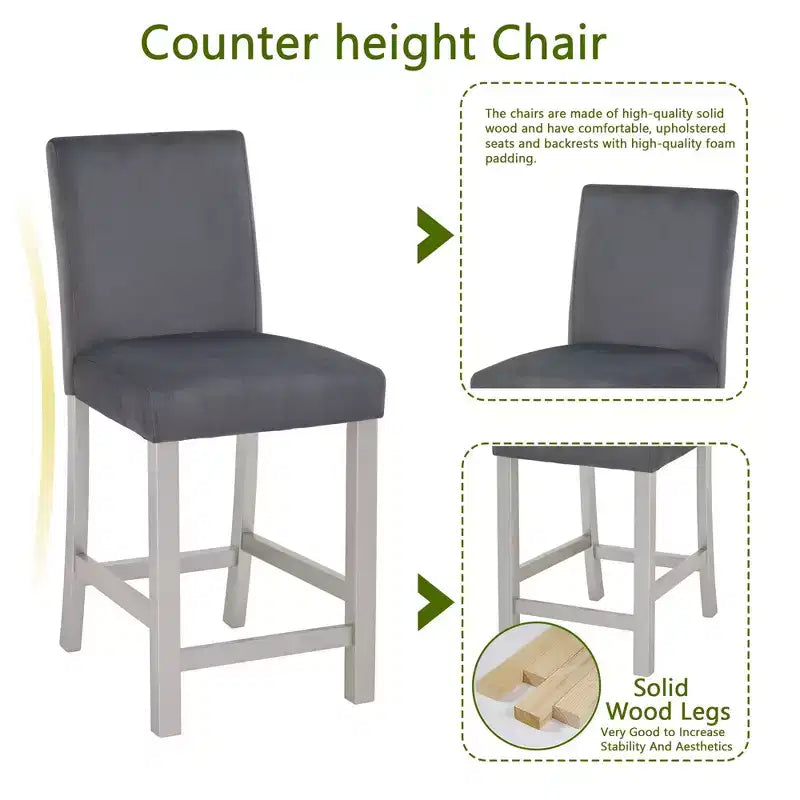 5 Piece Counter Height Table Set with Square Table and 4 Upholstered Chairs, Counter Height Dining Table with Crystal Decoration and Chair Set